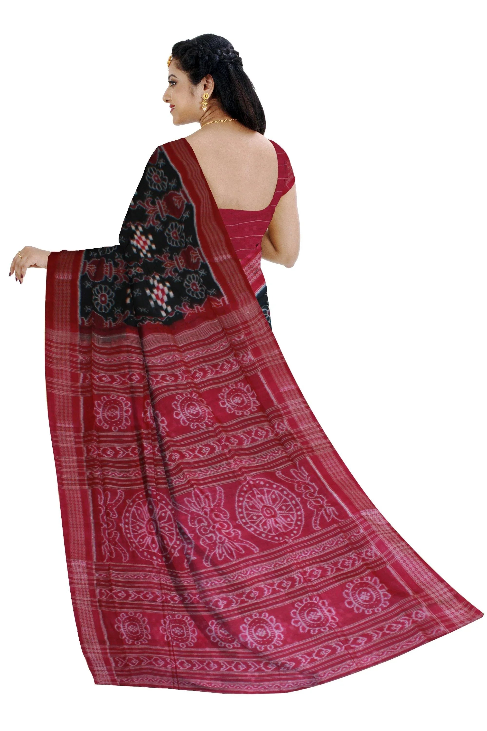 Authentic Sambalpuri traditional handwoven saree in full Sapta pattern in Navy Blue and pink (fuchia)color with out blouse piece. - Koshali Arts & Crafts Enterprise