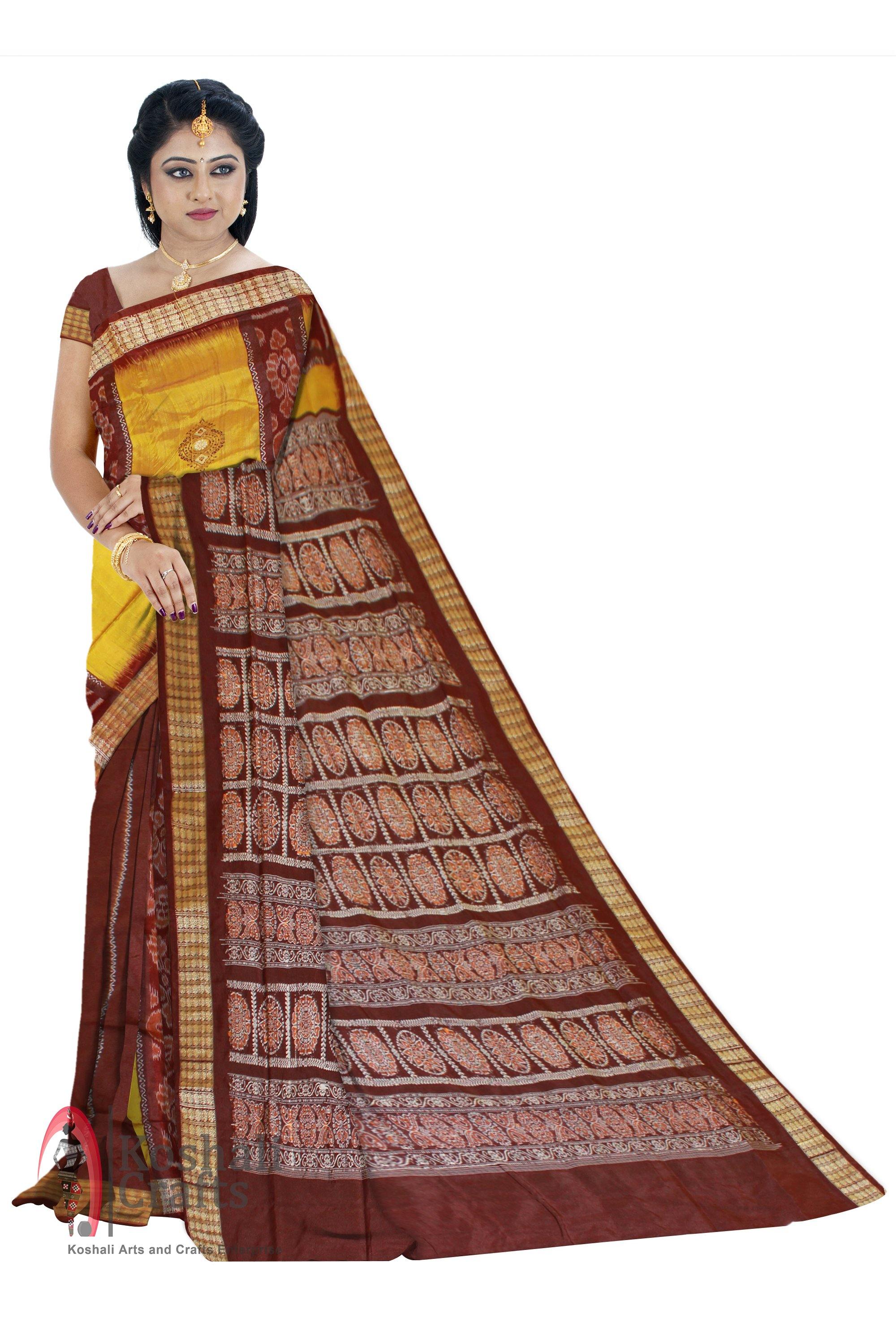 Exclusive Sambalpuri Barpali Mixed Patli pata Saree in Yellow & Maroon color body in Bomkei Pattern (with Blouse Piece) - Koshali Arts & Crafts Enterprise