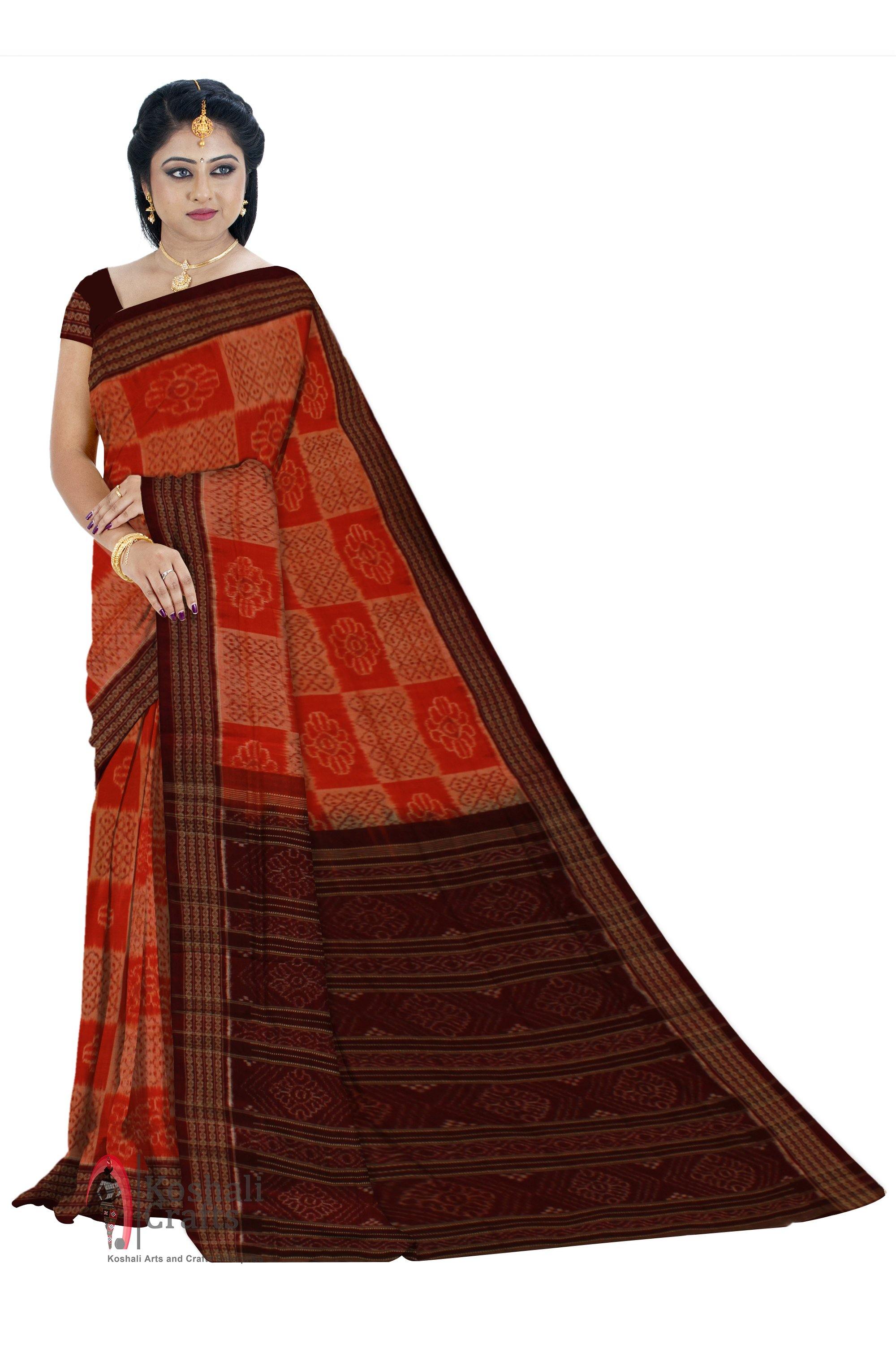 Flower pattern Orange Cotton Saree - Koshali Arts & Crafts Enterprise