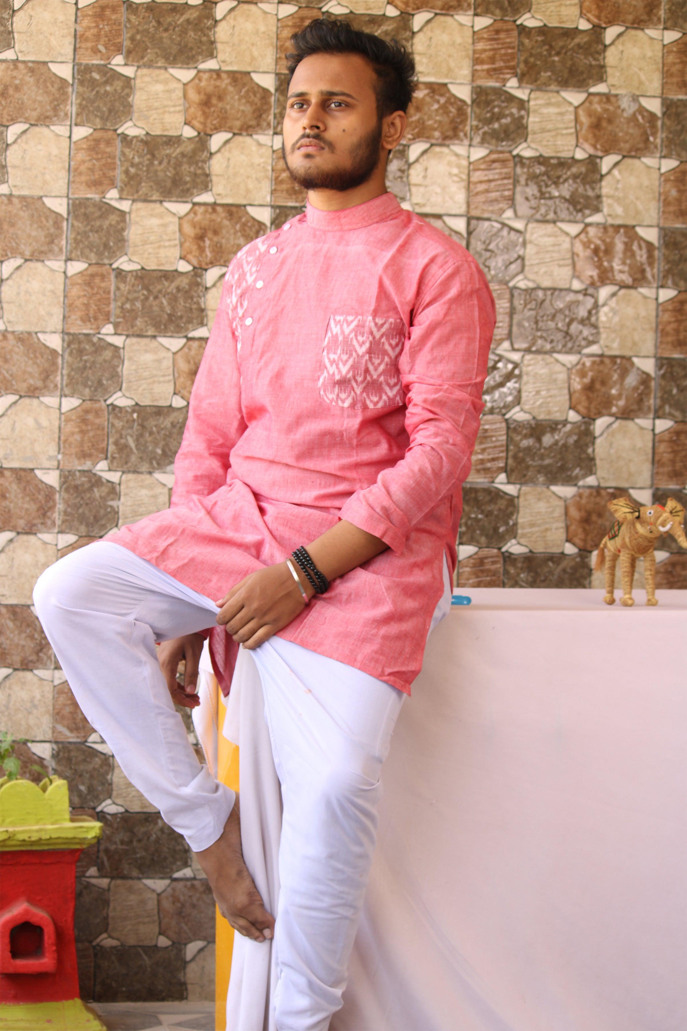 Sambalpuri Designer kurta in Pink and white color . - Koshali Arts & Crafts Enterprise