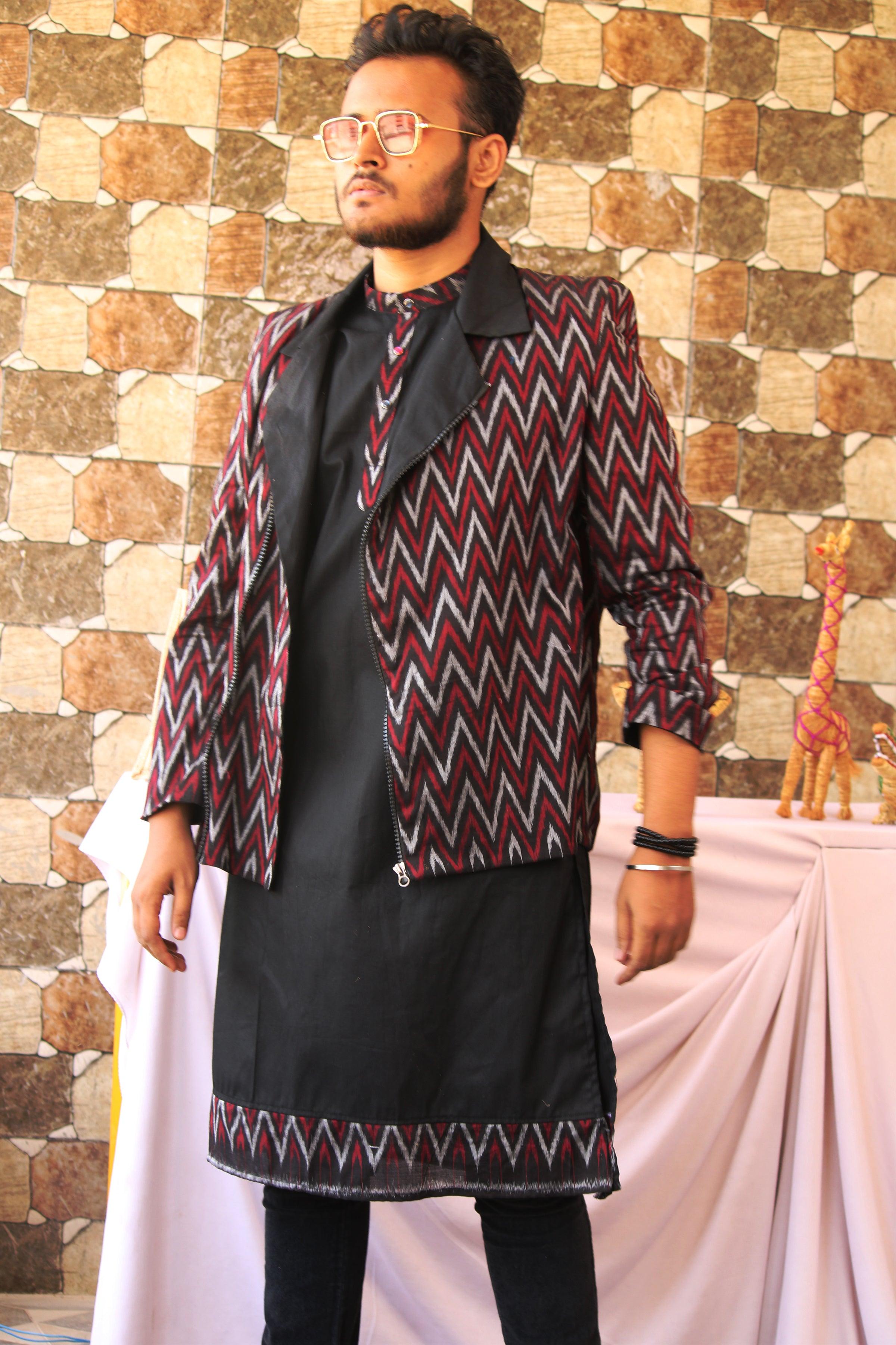 Sambalpuri Designer Blazer, kurta and Pajamas in Maroon and Black ikat design. - Koshali Arts & Crafts Enterprise